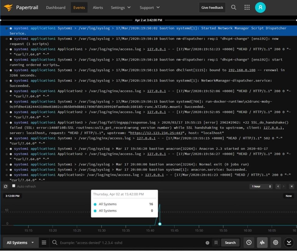 View and search live log data in SolarWinds Papertrail