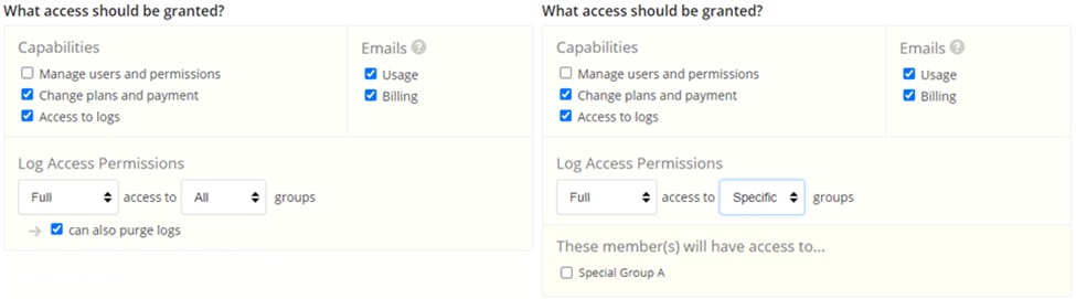The groups and permissions options allow you to grant and restrict access to both Papertrail functions and data views.